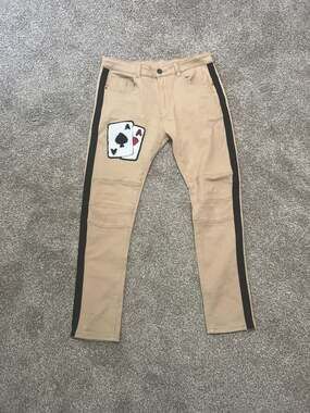 Tan Moto Streetwear Jeans with Ace of Spades Chenille Patch Size 36